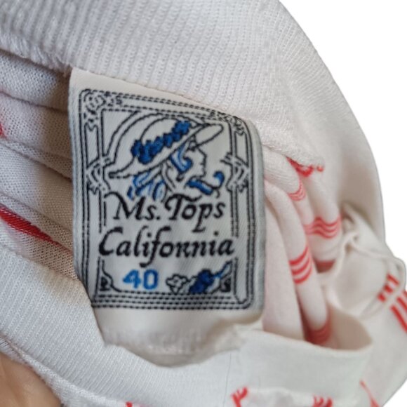 XL Vintage Women's Top Ms. Tops California Red White Striped Short Sleeve Blouse - Picture 5 of 6